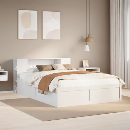 Teenpull Massivholzbett aus weißer Kiefer, 140x190 cm, mit integriertem Kopfteil und Regalen, Robustes Plattform-Bettgestell für Schlafzimmer von Teenpull