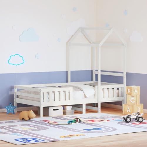Teenpull Massivholzbett mit Dach Weiß 80x200 cm Kiefer – Stabiler Kinder Bettrahmen, Einzelbett Rahmen mit Lattenrost Basis, modernes Möbel, Kopfteil Design für Jungen & Mädchen. von Teenpull