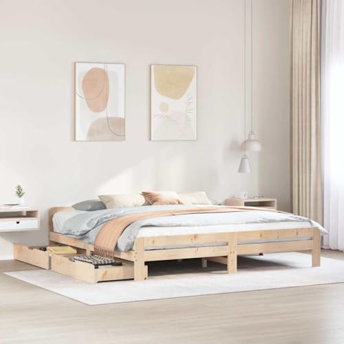 Teenpull Massivholzbett ohne Matratze 200x200 cm, Robustes Bettgestell aus unbehandeltem Kiefernholz mit 2 Schubladen und Kopfteil, modernes Plattform Bett für erholsamen Schlaf im Schlafzimmer Möbel von Teenpull