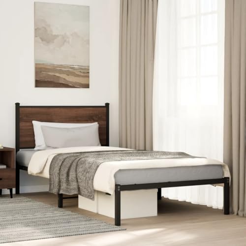 Teenpull Metallbett ohne Matratze, Braun Eichen-Optik, 100x190 cm, Robustes Stahlbettgestell mit Kopfteil, zusätzlichem Stauraum, Stabiler Lattenrost für Schlafzimmer-Möbel von Teenpull