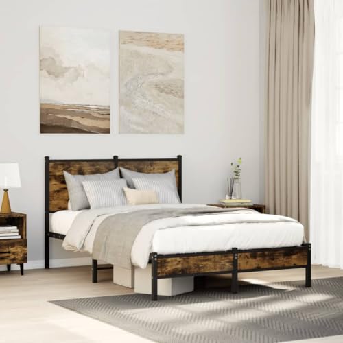 Teenpull Metallbett ohne Matratze Räuchereiche 120x190 cm, stabiles Stahlbettgestell mit Lattenrost, Kopfteil, zusätzlichem Stauraum für Schlafzimmer von Teenpull