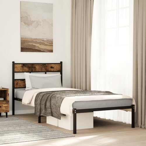 Teenpull Metallbettgestell 80x200 cm Räuchereiche, Robustes Einzelbett mit Lattenrost, vielseitigem Kopfteil, zusätzlichem Stauraum, Stabiler Bettrahmen für Schlafzimmer von Teenpull