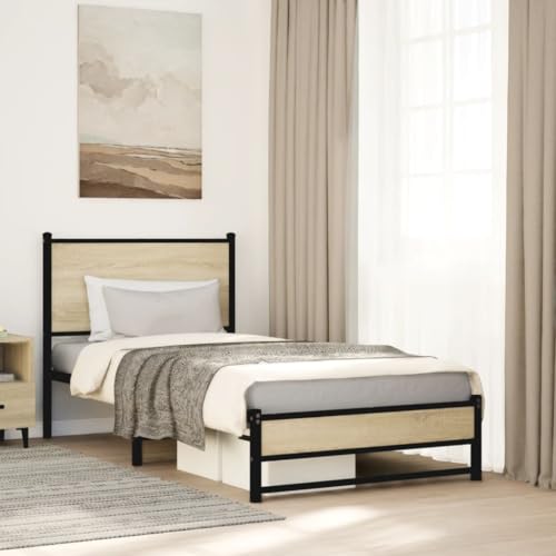 Teenpull Metallbettgestell Sonoma-Eiche 90x200 cm, Stabiler Stahlrahmen, kein Quietschen, Kopfteil, extra Stauraum, einfache Montage, langlebiges Schlafmöbel für Schlafzimmer von Teenpull