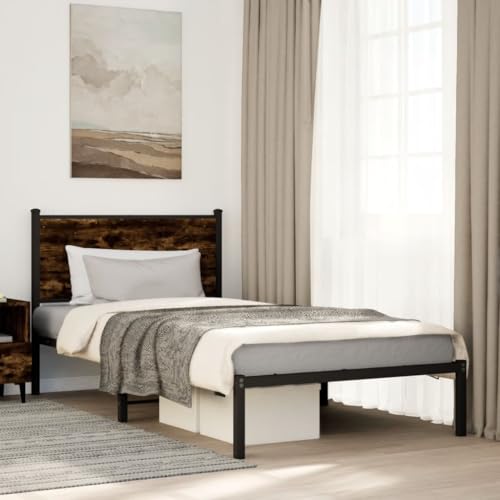 Teenpull Metallbettgestell ohne Matratze, Robustes Bettrahmen aus Stahl & Holzwerkstoff Räuchereiche, 100x190 cm Plattformbett für Schlafzimmer, mit Kopfteil & Stauraum, stabiles Möbelstück von Teenpull