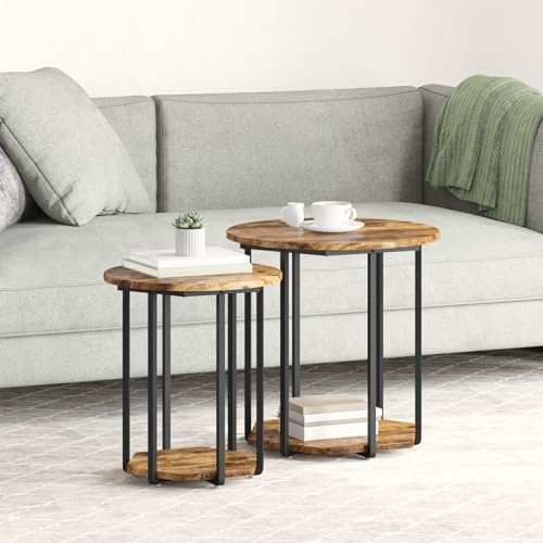 Teenpull Moderner Beistelltisch, rund, 2er-Set, aus Holzwerkstoff, Räuchereiche, mit stabilem Metallgestell für Wohnzimmer, Schlafzimmer, Nachttisch von Teenpull