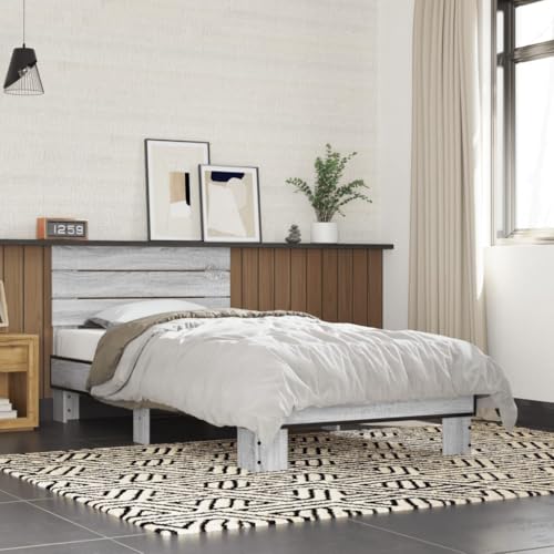 Teenpull Modernes Bettgestell 75x190 cm in Grau Sonoma, aus stabilem Holzwerkstoff und Metall, mit Kopfteil und Lattenrost, für erholsamen Schlaf als stilvolles Schlafzimmermöbelstück. von Teenpull