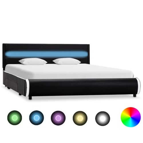 Teenpull Modernes Bettgestell Schwarz Kunstleder 140x200 cm mit LED-Beleuchtung, Bettrahmen mit 2 Schubladen, gepolstertes Plattform-Bett für Schlafzimmer, inklusive Fernbedienung von Teenpull