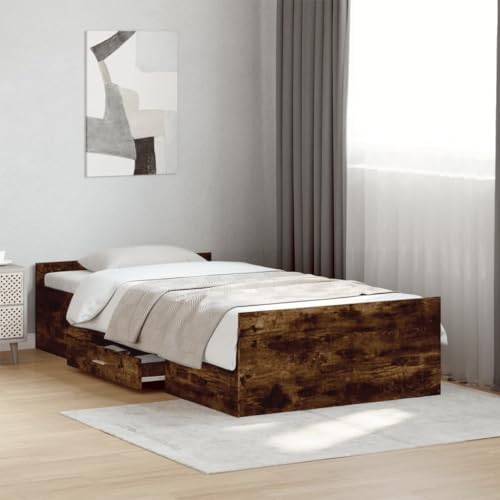 Teenpull Modernes Bettgestell mit Schubladen in Räuchereiche Optik, 100x200cm Holzwerkstoff Bettrahmen mit Stauraum, Robustes Plattform Bett für Schlafzimmer von Teenpull