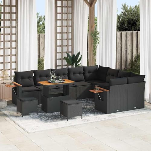 Teenpull Modernes Garten-Sofa-Set, 12-teilig, Schwarz, Poly Rattan, UV-Schutz, modulare Outdoor-Sitzgruppe mit Kissen, Akazienholz-Tischplatte von Teenpull
