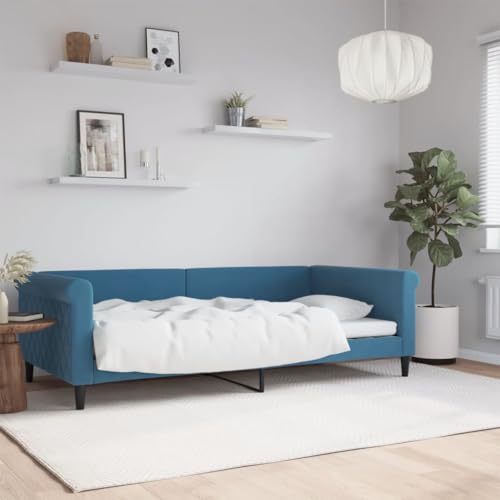 Teenpull Modernes Tagesbett Blau 100x200 cm aus Samt, Metall & Massivholz, vielseitiges Schlafsofa mit gepolsterter Rückenlehne, Robustes Bettgestell für Schlaf- & Wohnzimmer von Teenpull