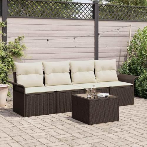 Teenpull Modulares Garten-Sofa-Set, 5-teilig, Braun/Creme, UV-beständiges Polyrattan, Pulverbeschichteter Stahlrahmen, Outdoor Lounge Möbel mit Stauraum von Teenpull