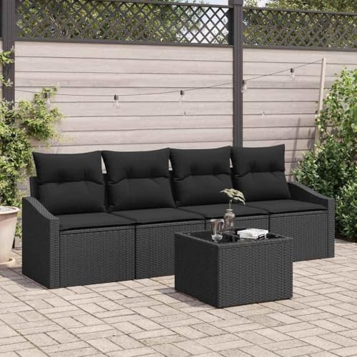 Teenpull Modulares Garten-Sofa-Set mit Kissen, 5-teilig, Schwarz, aus Poly-Rattan und Stahl für Outdoor-Terrassen und Balkone, wetterfestes Lounge Sofa Möbel für entspannte Stunden im Garten von Teenpull