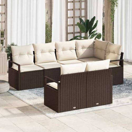 Teenpull Modulares Garten-Sofa-Set mit Kissen, 7-teilig, Braun/Creme, Poly-Rattan und Stahl, mit Stauraumfächern für Outdoor-Terrassen und Gärten von Teenpull