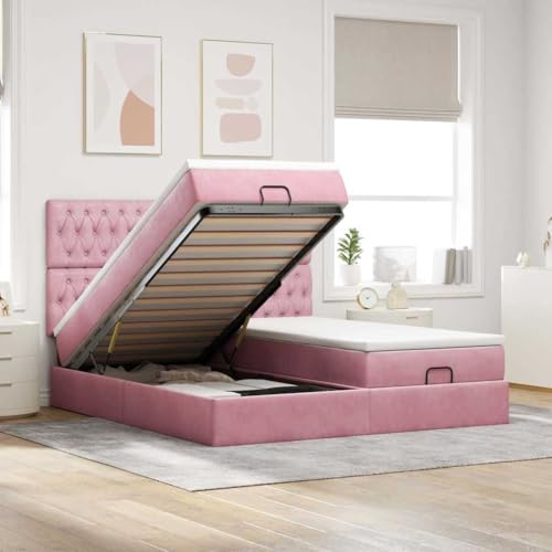 Teenpull Ottoman-Bett Samt Rosa 200x200 cm mit Matratzen & LEDs, Polsterrahmen mit Kopfteil, Stauraum Plattform Bettgestell für gemütliches Schlafzimmer von Teenpull