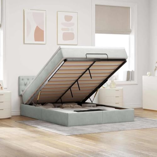 Teenpull Ottoman-Bett mit Matratze & LEDs, Hellgrau 140x200 cm, Samtstoff, integrierter Stauraum, Taschenfederkern, Ambientebeleuchtung, modernes Schlafzimmer Set von Teenpull