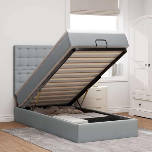 Teenpull Ottoman-Bett mit Matratze & LEDs Hellgrau 100x200 cm Stoff, Polsterbett mit Taschenfederkernmatratze, Großem Stauraum und Ambientebeleuchtung für Schlafzimmer von Teenpull