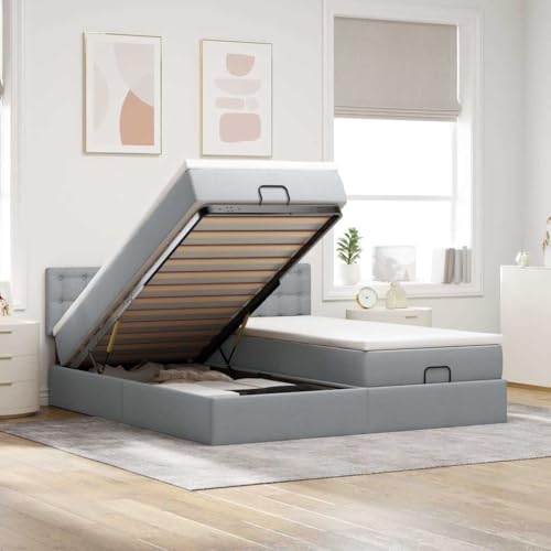Teenpull Ottoman-Bett mit Matratzen & LEDs, Hellgrau 200x200 cm, Stoff gepolstert, mit Stauraum und Ambiente-Beleuchtung für Ihr Schlafzimmer von Teenpull