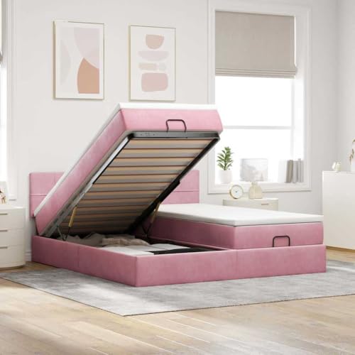 Teenpull Ottoman-Bett mit Matratzen & LEDs, Rosa 200x200 cm Samt, Polsterbett mit Hydraulischem Stauraum, Komfortable Taschenfederkernmatratze von Teenpull