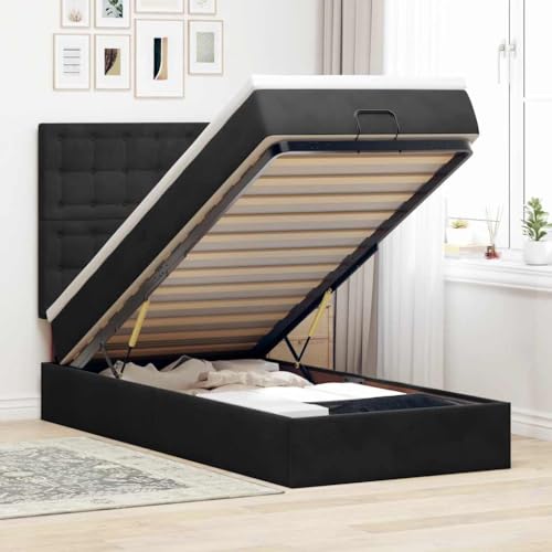 Teenpull Ottoman-Bett mit Matratzen & LEDs, Schwarz 100x200 cm, Samt Polsterbett mit großem Stauraum und luxuriöser Taschenfederkernmatratze für Schlafzimmer von Teenpull