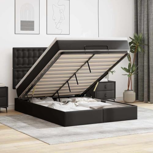 Teenpull Ottoman Stauraumbett mit Matratze & LEDs Schwarz 140x200 cm Kunstleder, gepolstertes Schlafzimmer-Möbelstück mit Kopfteil und Taschenfederkernmatratze für erholsamen Schlaf und optimalen von Teenpull