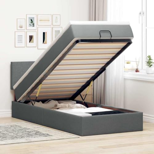 Teenpull Ottomane Bett mit Matratze & LEDs, Dunkelgrau 90x200 cm, Stoffbezug mit Stauraum, Taschenfederkernmatratze, Dimmbare LED-Beleuchtung für Schlafzimmer von Teenpull
