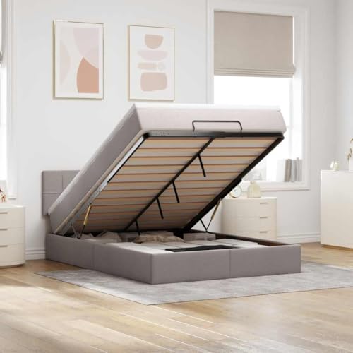 Teenpull Ottomane Bett mit Matratze & LEDs, Taupe Stoff 140x200 cm, Polsterbett mit Stauraum, Federkernmatratze, Ambiente Beleuchtung, modernes Schlafzimmer Set von Teenpull