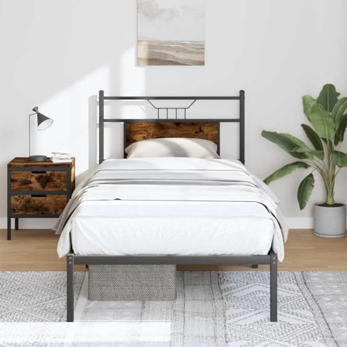 Teenpull Räuchereiche Bettgestell 90x190 cm, Holzwerkstoff und Stahlrahmen, mit Kopfteil, Lattenrost und Stauraum, modernes Schlafzimmer Möbel ohne Matratze von Teenpull