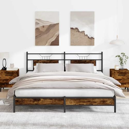 Teenpull Räuchereiche Bettgestell Holzwerkstoff Stahl mit Kopfteil, 183x203 cm Bettrahmen, stabile Plattform Unterstützung für erholsamen Schlaf, integrierter Stauraum, ohne Matratze von Teenpull