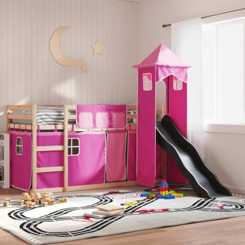 Teenpull Robustes Etagenbett mit Rutsche, Rosa Gardinen, aus massivem Kiefernholz, sicheres Kinder Bettgestell für Schlafzimmer Möbel, stabile Basis Rahmen 90x200 cm Teenpull Robustes Etagenbett mit Rutsche, Rosa Gardinen, aus massivem Kiefernholz, sicheres Kinder Bettgestell für Schlafzimmer Möbel, stabile Basis Rahmen 90x200 cm von Teenpull