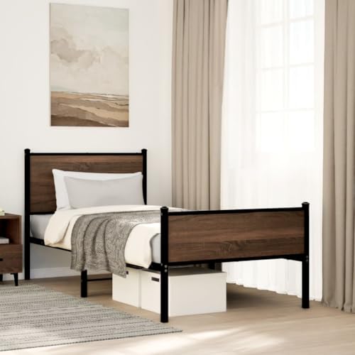 Teenpull Robustes Metallbettgestell 90x200 cm, Eichen-Optik Kopfteil, Stabiler Stahlrahmen als Plattform Bett Basis für Schlafzimmer Möbel, langlebiges Design ohne Matratze, mit Stauraum von Teenpull