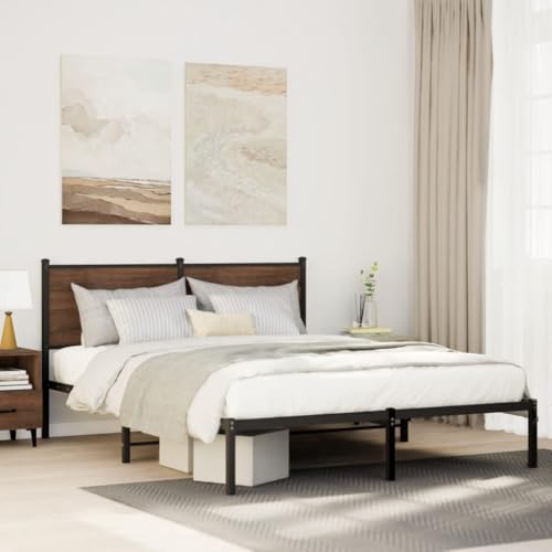 Teenpull Robustes Metallbettgestell mit Kopfteil, Lattenrost und Stauraum, Braun Eichen-Optik, stilvolles Bett als Schlafzimmer Möbelstück mit stabilem Stahlrahmen für 140x200 cm Matratzen von Teenpull