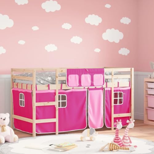 Teenpull Rosa Kinderhochbett 90x200 cm aus massivem Kiefernholz, stabile Bettrahmen und Möbel Gestell mit Leiter, sichere Basis für Spiel und Schlaf im Kinderzimmer von Teenpull