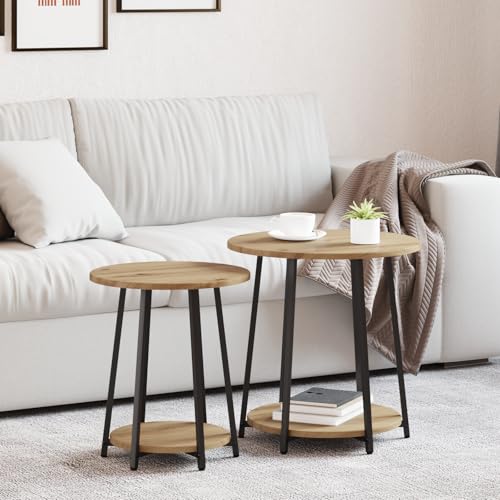 Teenpull Runde Beistelltische, 2er-Set, Artisan Eiche Holz & Metall, Modernes Design für Wohnzimmer, Schlafzimmer, Nachttisch von Teenpull