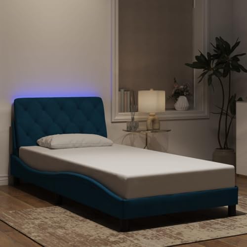 Teenpull Samt Bettgestell mit LED, Blau 100x200 cm, Modernes Polsterbett mit Wellendesign, Sperrholzlatten, Stabile Konstruktion für Schlafzimmer, ohne Matratze Teenpull Samt Bettgestell mit LED, Blau 100x200 cm, Modernes Polsterbett mit Wellendesign, Sperrholzlatten, Stabile Konstruktion für Schlafzimmer, ohne Matratze von Teenpull