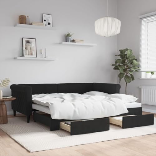 Teenpull Samt Tagesbett Ausziehbar mit Schubladen Schwarz 90x190 cm, Gepolstertes Sofa Bett Möbel mit Stauraum für Schlafzimmer und Gästezimmer, Stabiler Rahmen aus Holz und Metall von Teenpull