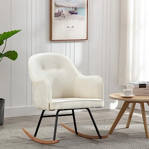 Teenpull Schaukelstuhl, Cremeweiß Samt, Modernes Design, Stabiles Eisengestell, Bequemer, Gepolsterter Relax Sessel für Wohnzimmer, Schlafzimmer, Garten von Teenpull