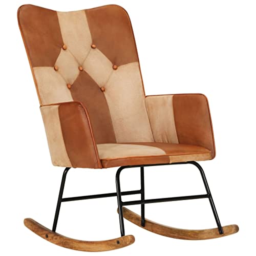 Teenpull Schaukelstuhl Braun Echtleder und Canvas, Bequemer Relax Sessel für Wohnzimmer, Schlafzimmer, Lounge, mit sanfter Schaukelfunktion, ideal zum Lesen von Teenpull
