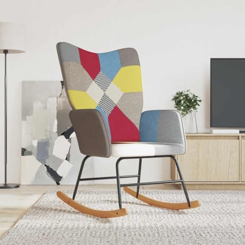 Teenpull Schaukelstuhl Patchwork Stoff, Mehrfarbig, Bequemer Relaxsessel für Wohnzimmer, Schlafzimmer, Leseecke, Polsterstuhl mit Massivholz-Kufen von Teenpull