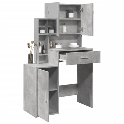Teenpull Schminktisch Modern mit Spiegel, Schublade, 8 Fächern, Betongrau, 80x35x132 cm, für Schlafzimmer, Robustes Holzwerkstoff-Möbelstück von Teenpull
