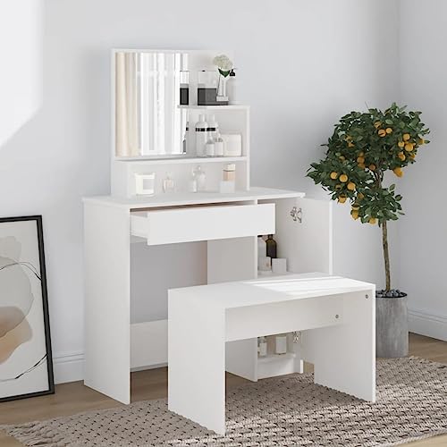 Teenpull Schminktisch-Set Weiß 86,5x35x136 cm mit Spiegel, Hocker, Stauraum, Modernes Design für Schlafzimmer, Ankleidezimmer von Teenpull