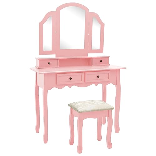 Teenpull Schminktisch-Set aus Paulownia-Holz, Rosa, 100x40x146 cm, mit 3-in-1 Spiegel, Hocker, 4 Schubladen für Kosmetik, ideal für Schlafzimmer, Ankleidezimmer Teenpull Schminktisch-Set aus Paulownia-Holz, Rosa, 100x40x146 cm, mit 3-in-1 Spiegel, Hocker, 4 Schubladen für Kosmetik, ideal für Schlafzimmer, Ankleidezimmer von Teenpull