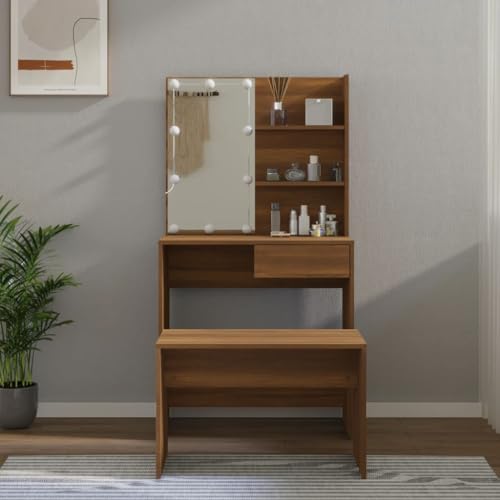 Teenpull Schminktisch-Set mit LED-Beleuchtung, Braun Eichen-Optik, Kommode mit Spiegel, Hocker, viel Stauraum, für Schlafzimmer von Teenpull