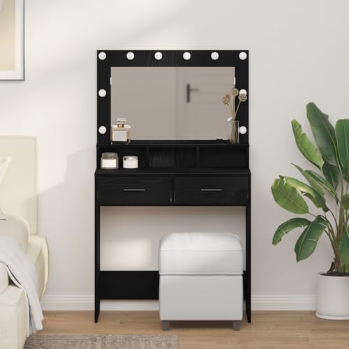 Teenpull Schminktisch mit LED-Beleuchtung, matt Schwarz Eiche Optik, 79x41x135 cm, mit Spiegel, Schubladen, für Schlafzimmer, modernes Design von Teenpull
