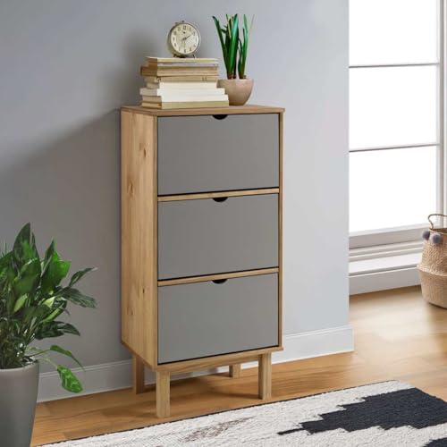 Teenpull Schuhschrank OTTA mit 3 Klappschubladen, Kiefer Massivholz Braun&Grau, 55x35x120cm, ideal für Eingangsbereich, Schuhe, Stauraum von Teenpull
