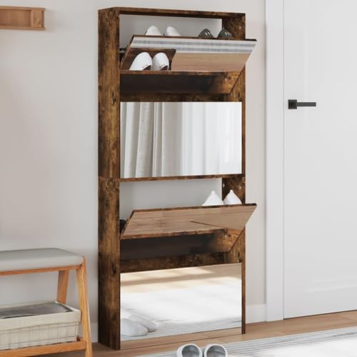 Teenpull Schuhschrank mit Spiegel, 4 kippbaren Fächern, Räuchereiche, schlankes Design, ideal für Flur und Eingangsbereich Teenpull Schuhschrank mit Spiegel, 4 kippbaren Fächern, Räuchereiche, schlankes Design, ideal für Flur und Eingangsbereich von Teenpull