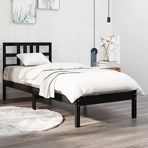 Teenpull Schwarzes Massivholzbett, Kiefernholz, 75x190 cm, Stabiler Bettrahmen mit Kopfteil, Moderne Optik, inklusive Lattenrost, ideal für Schlafzimmer, einfaches Möbel-Set von Teenpull