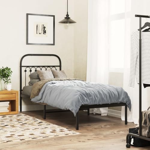 Teenpull Schwarzes Metall-Bettgestell mit Kopfteil, 75x190 cm, robuste Plattform für Schlafzimmer, Stabiler Rahmen mit Stauraum von Teenpull