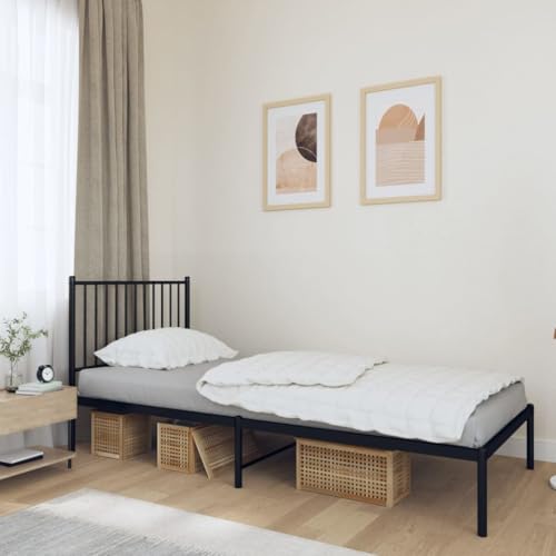 Teenpull Schwarzes Metall-Bettgestell mit Kopfteil, 90x190 cm, Robustes Einzelbett für Schlafzimmer, Stabiler Rahmen mit Stauraum unter dem Bett von Teenpull