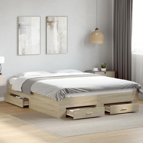 Teenpull Sonoma-Eiche Bettgestell 160x200cm, Modernes Holzwerkstoff-Bettrahmen mit 4 geräumigen Schubladen, Robustes Plattform-Bett für Schlafzimmer und Stauraum von Teenpull
