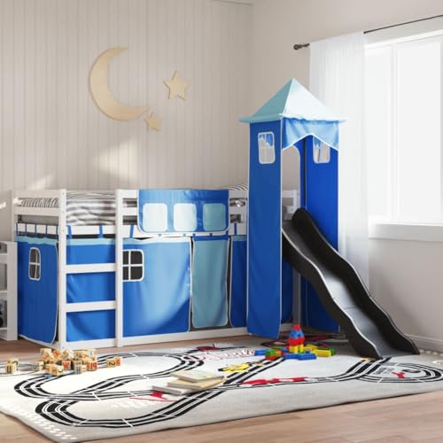 Teenpull Stabiles Kinder Etagenbett aus massivem Kiefernholz mit Rutsche und blauen Gardinen 90x190 cm Matratzengröße, weißer Bettrahmen Unterbau Möbel für Kinderzimmer Teenpull Stabiles Kinder Etagenbett aus massivem Kiefernholz mit Rutsche und blauen Gardinen 90x190 cm Matratzengröße, weißer Bettrahmen Unterbau Möbel für Kinderzimmer von Teenpull
